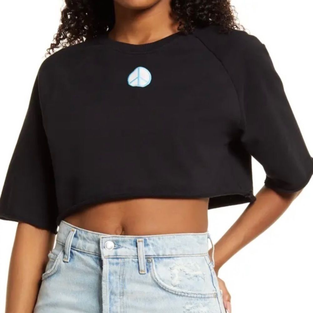 NWT Nordstrom BP Black Organic Cotton Embroidered Peace Sign Crop Sweatshirt